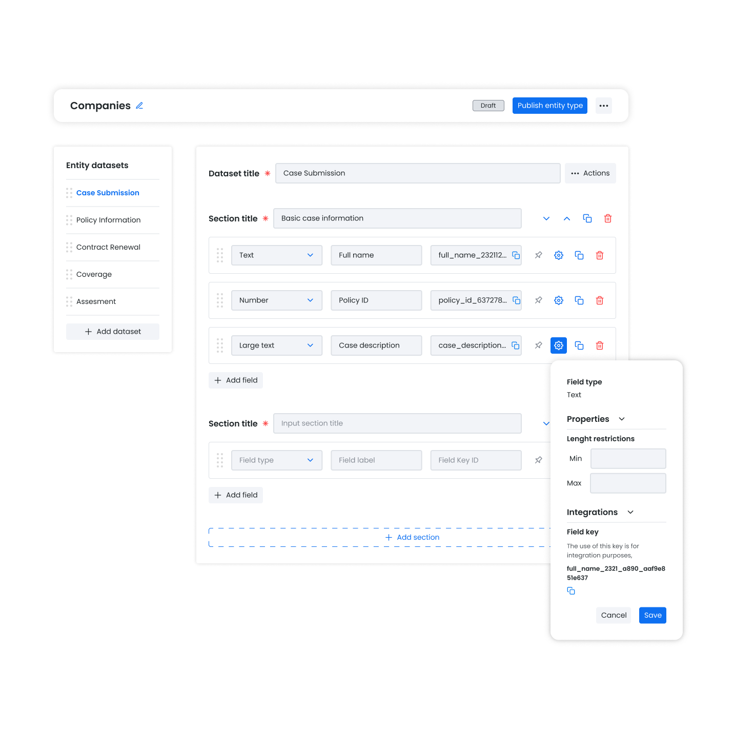 Database schema setup: a non-technical editor for defining record types, fields and relationships.