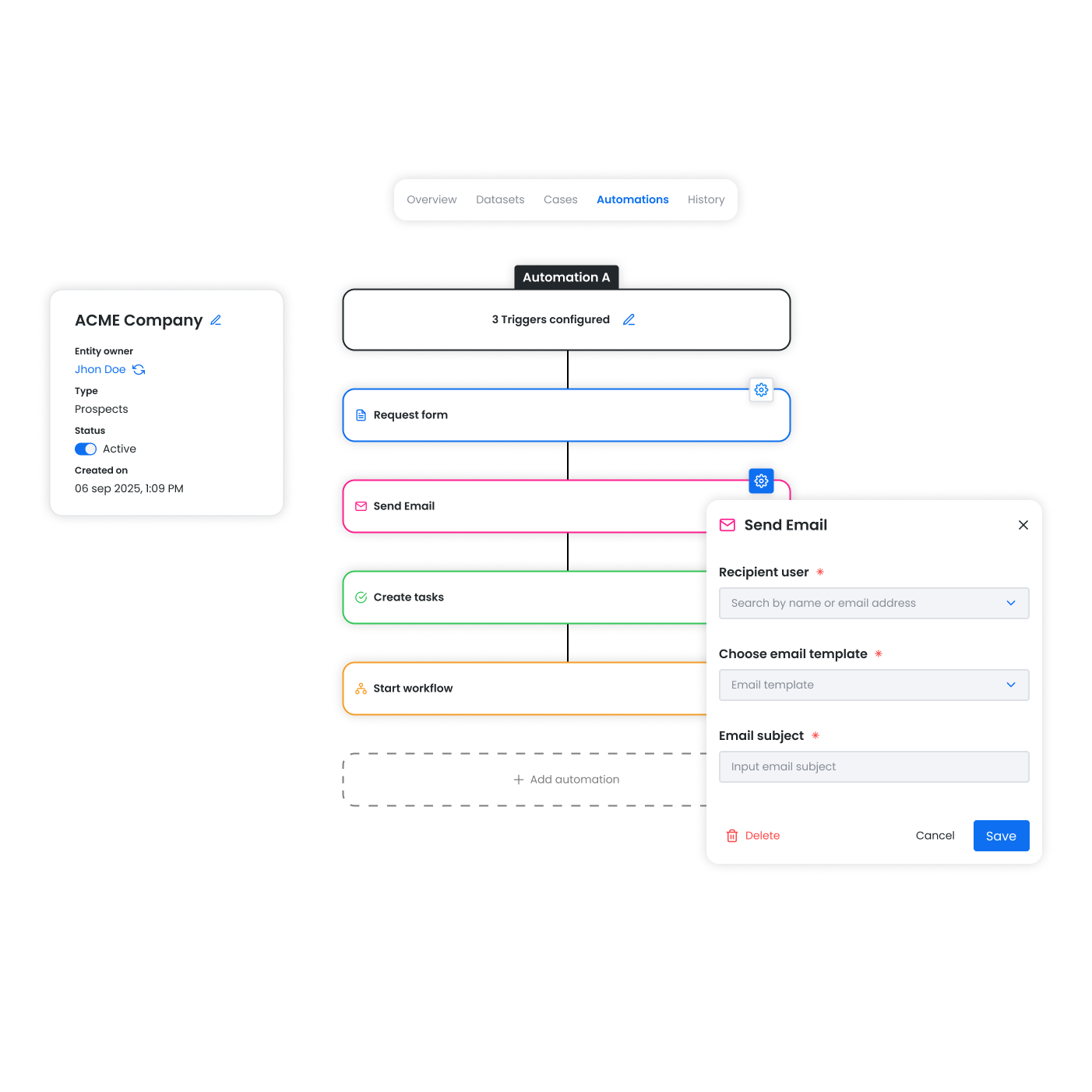 Follow-up automation builder: triggers and conditions that schedule the next contact with an account.