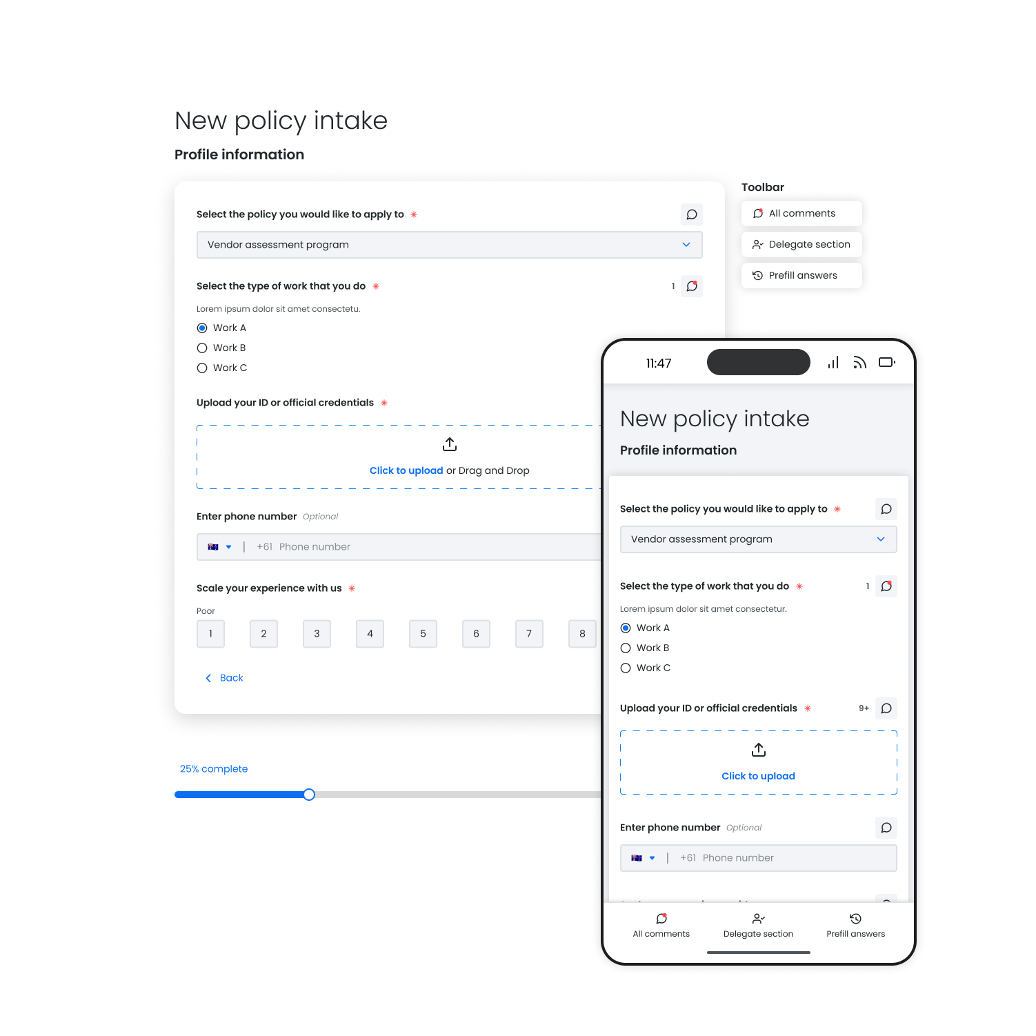 The respondent view of a form, with controls to save progress, delegate a section to a colleague and leave a comment.