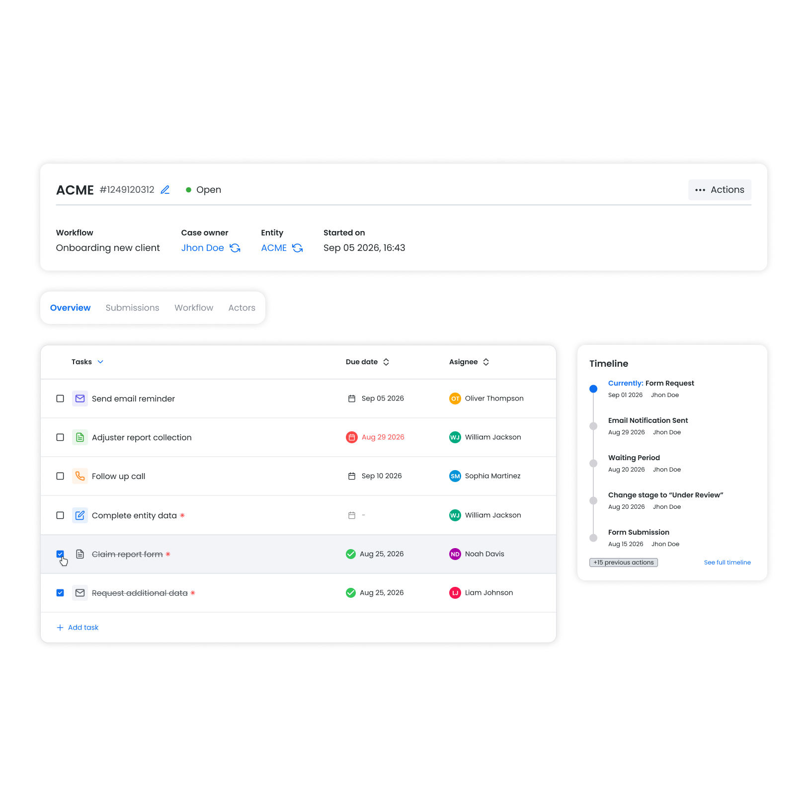 Case view for a single claim: the task list, the chronological timeline and the audit log of who changed what and when.